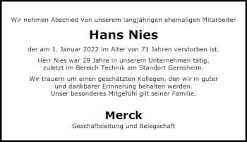 Traueranzeige von Hans Nies von vrm-trauer Darmstädter Echo