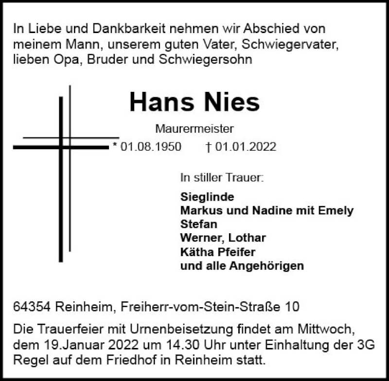  Traueranzeige für Hans Nies vom 15.01.2022 aus vrm-trauer Darmstädter Echo