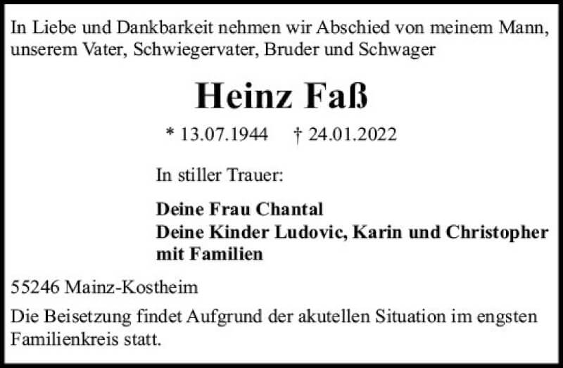  Traueranzeige für Heinz Faß vom 29.01.2022 aus vrm-trauer AZ Mainz