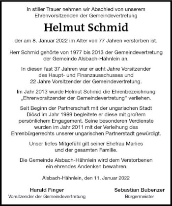 Traueranzeige von Helmut Schmid von vrm-trauer Darmstädter Echo