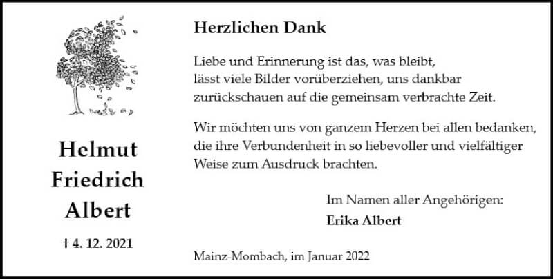 Traueranzeige für Helmut Friedrich Albert vom 15.01.2022 aus vrm-trauer AZ Mainz
