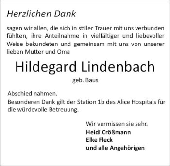 Traueranzeige von Hildegard Lindenbach von vrm-trauer Darmstädter Echo