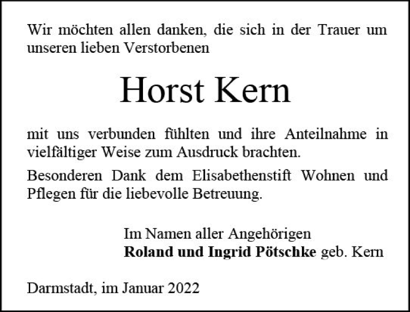  Traueranzeige für Horst Kern vom 08.01.2022 aus vrm-trauer Darmstädter Echo