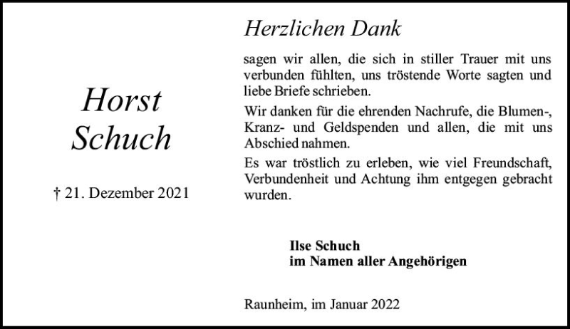  Traueranzeige für Horst Schuch vom 08.01.2022 aus vrm-trauer Rüsselsheimer Echo / MainSpitze