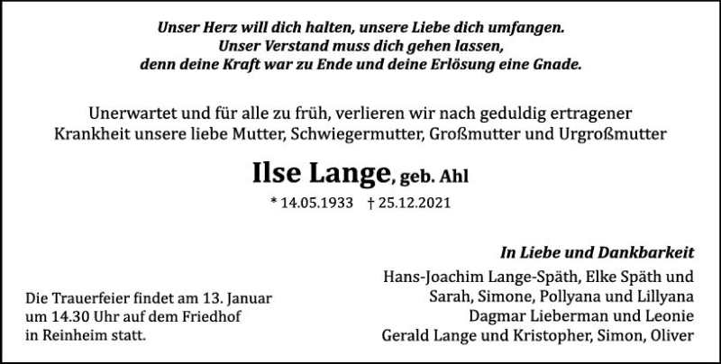  Traueranzeige für Ilse Lange vom 08.01.2022 aus vrm-trauer Darmstädter Echo