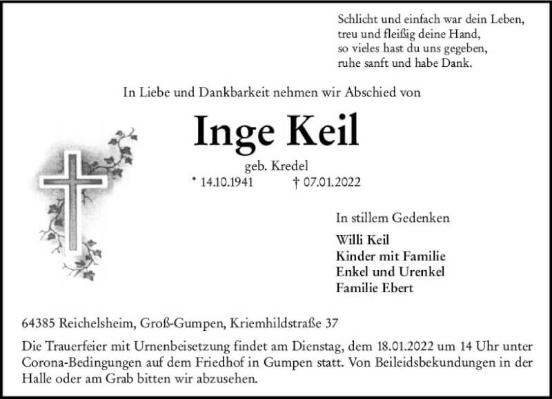  Traueranzeige für Inge Keil vom 15.01.2022 aus vrm-trauer Odenwälder Echo