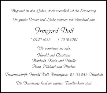 Traueranzeige von Irmgard Dolt von vrm-trauer AZ Mainz