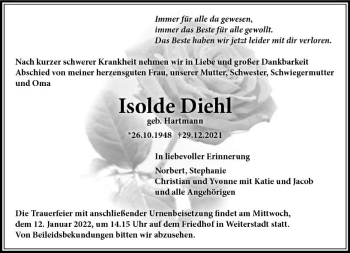 Traueranzeige von Isolde Dielf von vrm-trauer Darmstädter Echo
