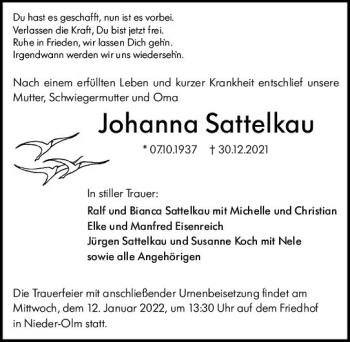 Traueranzeige von Johanna Sattelkau von vrm-trauer AZ Mainz