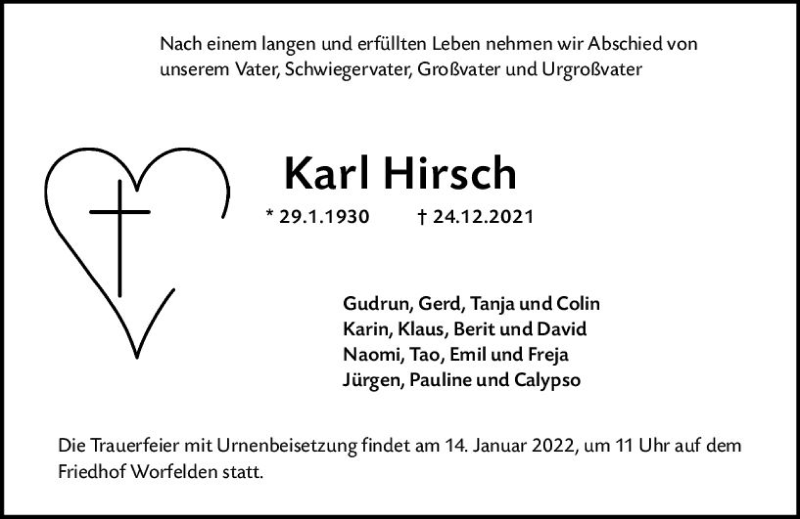  Traueranzeige für Karl Hirsch vom 08.01.2022 aus vrm-trauer Groß-Gerauer Echo