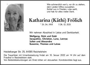 Traueranzeige von Katharina Frölich von vrm-trauer Odenwälder Echo
