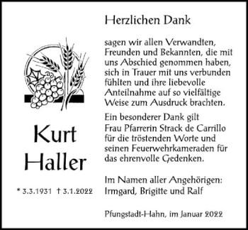 Traueranzeige von Kurt Haller von vrm-trauer Darmstädter Echo