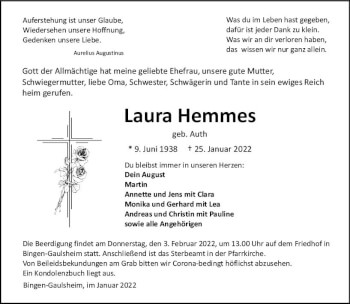 Traueranzeige von Laura Hemmes von vrm-trauer Allgemeine  Zeitung Ingelheim-Bingen
