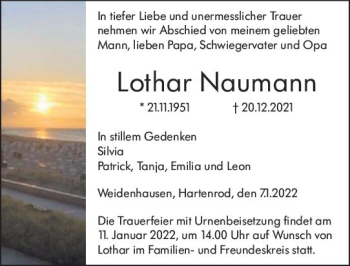 Traueranzeige von Lothar Naumann von Hinterländer Anzeiger