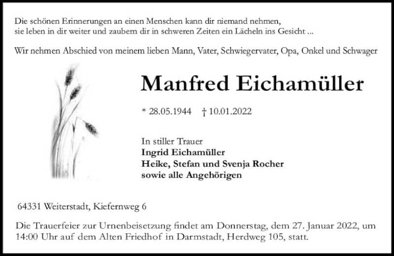 Traueranzeige für Manfred Eichamüller vom 22.01.2022 aus vrm-trauer Odenwälder Echo