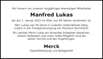 Traueranzeige von Manfred Lukas von vrm-trauer Darmstädter Echo