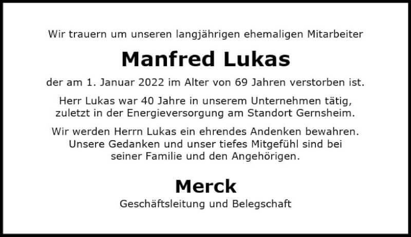  Traueranzeige für Manfred Lukas vom 15.01.2022 aus vrm-trauer Darmstädter Echo