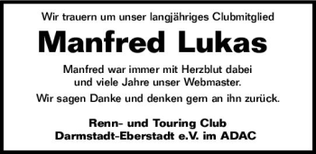 Traueranzeige von Manfred Lukas von vrm-trauer Darmstädter Echo