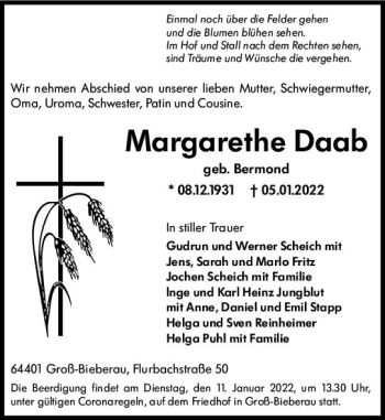 Traueranzeige von Margarethe Daab von vrm-trauer Darmstädter Echo