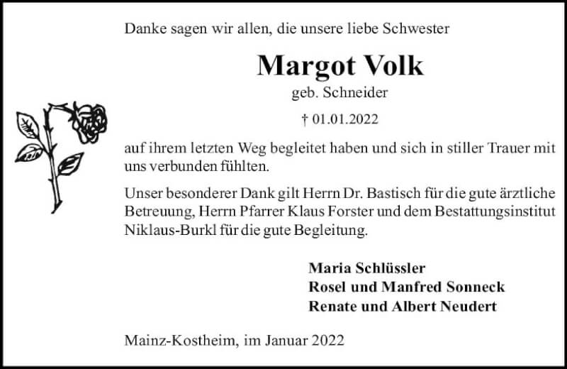  Traueranzeige für Margot Volk vom 29.01.2022 aus vrm-trauer AZ Mainz