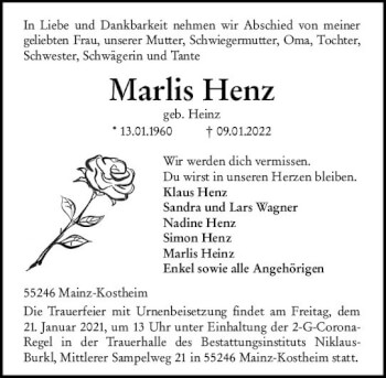 Traueranzeige von Marlis Henz von vrm-trauer AZ Mainz