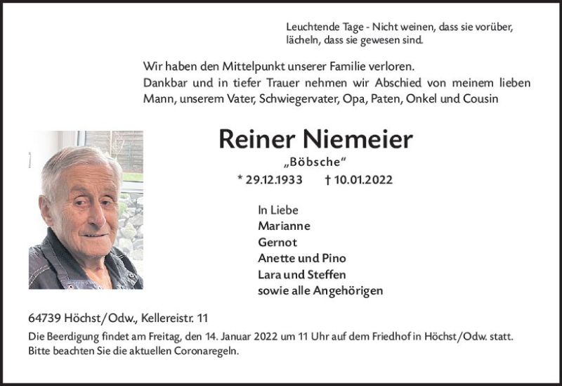  Traueranzeige für Reiner Niemeier vom 13.01.2022 aus vrm-trauer Odenwälder Echo