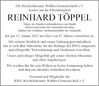 Traueranzeige von Reinhard Töppel von vrm-trauer Odenwälder Echo