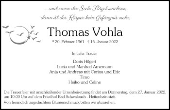 Traueranzeige von Thomas Vohla von vrm-trauer Wiesbadener Kurier