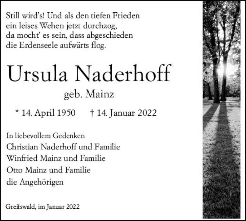  Traueranzeige für Ursula Naderhoff vom 22.01.2022 aus vrm-trauer Wiesbadener Kurier