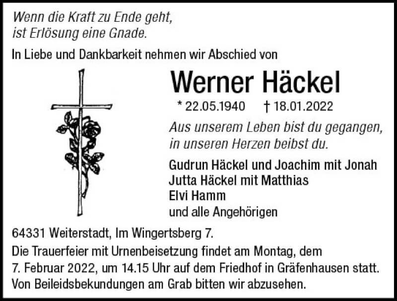  Traueranzeige für Werner Häckel vom 29.01.2022 aus vrm-trauer Darmstädter Echo
