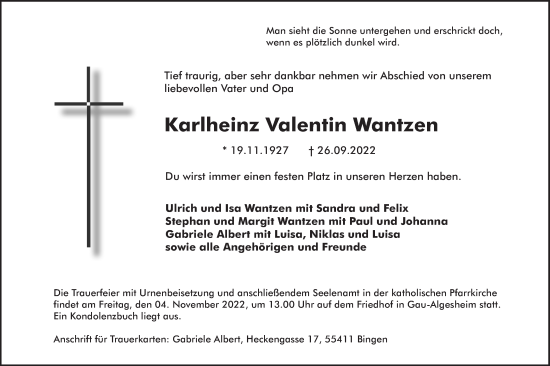 Traueranzeige von Karlheinz Valentin Wantzen von vrm-trauer Allgemeine  Zeitung Ingelheim-Bingen