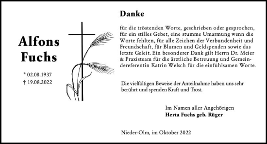 Traueranzeige von Alfons Fuchs von vrm-trauer AZ Mainz