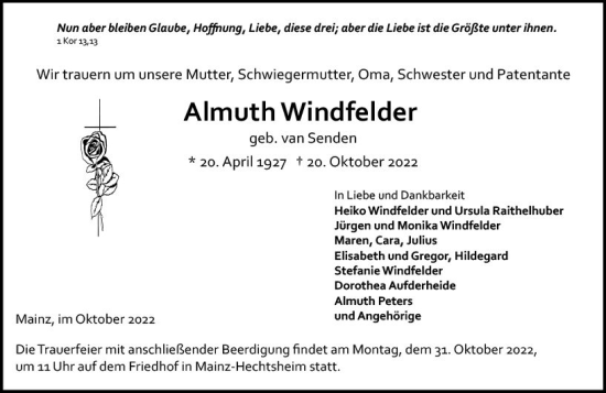 Traueranzeige von Almuth Windfelder von vrm-trauer AZ Mainz
