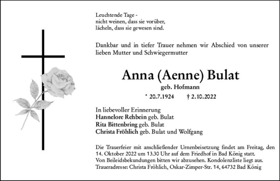 Traueranzeige von Anna Bulat von vrm-trauer Odenwälder Echo