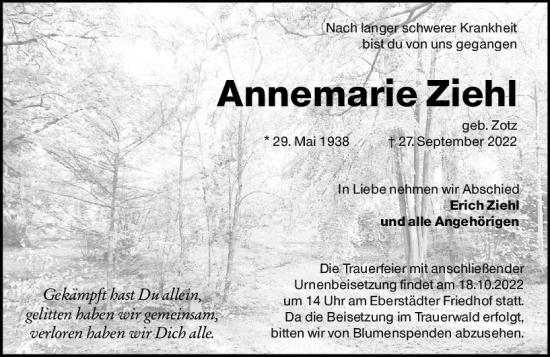 Traueranzeige von Annemarie Ziehl von vrm-trauer Darmstädter Echo