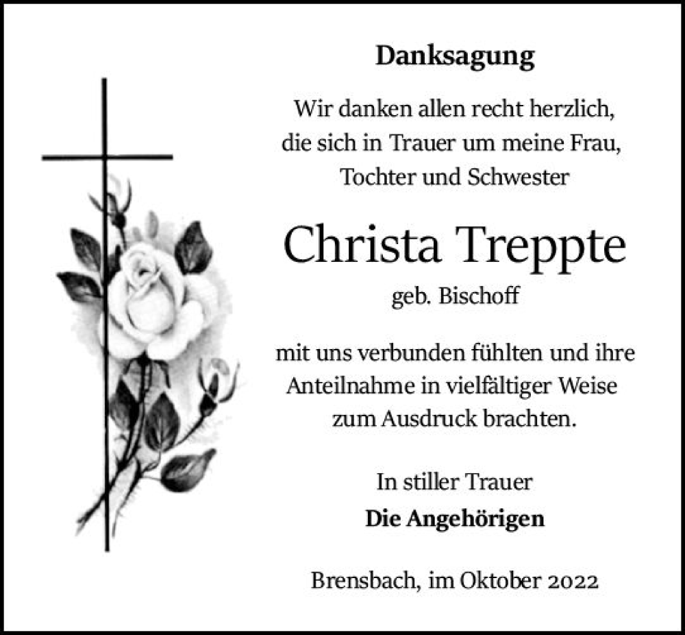  Traueranzeige für Christa Treppte vom 29.10.2022 aus vrm-trauer Odenwälder Echo