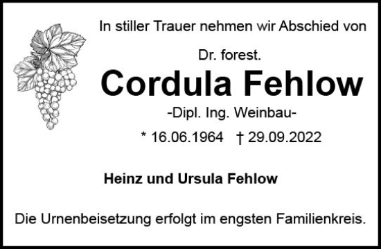 Traueranzeige von Cordula Fehlow von vrm-trauer Wiesbadener Kurier