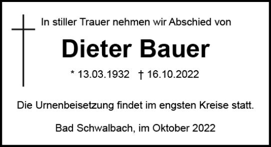 Traueranzeige von Dieter Bauer von vrm-trauer Wiesbadener Kurier