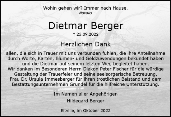 Traueranzeige von Dietmar Berger von vrm-trauer Rheingau