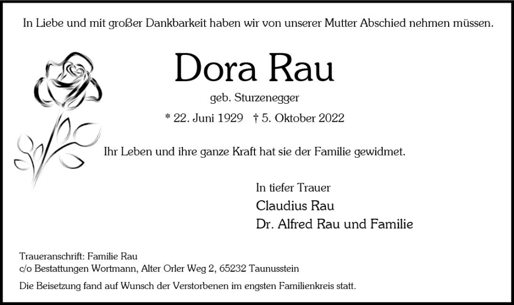  Traueranzeige für Dora Rau vom 22.10.2022 aus vrm-trauer Wiesbadener Kurier