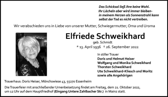 Traueranzeige von Elfriede Schweikhard von vrm-trauer AZ Mainz