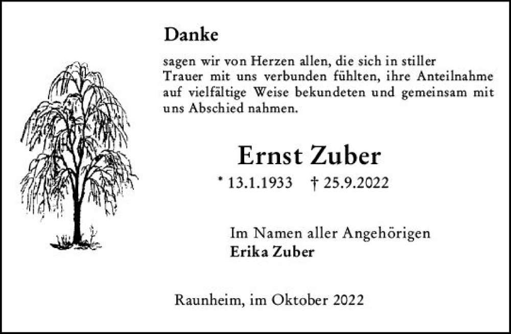  Traueranzeige für Ernst Zuber vom 15.10.2022 aus vrm-trauer Rüsselsheimer Echo / MainSpitze
