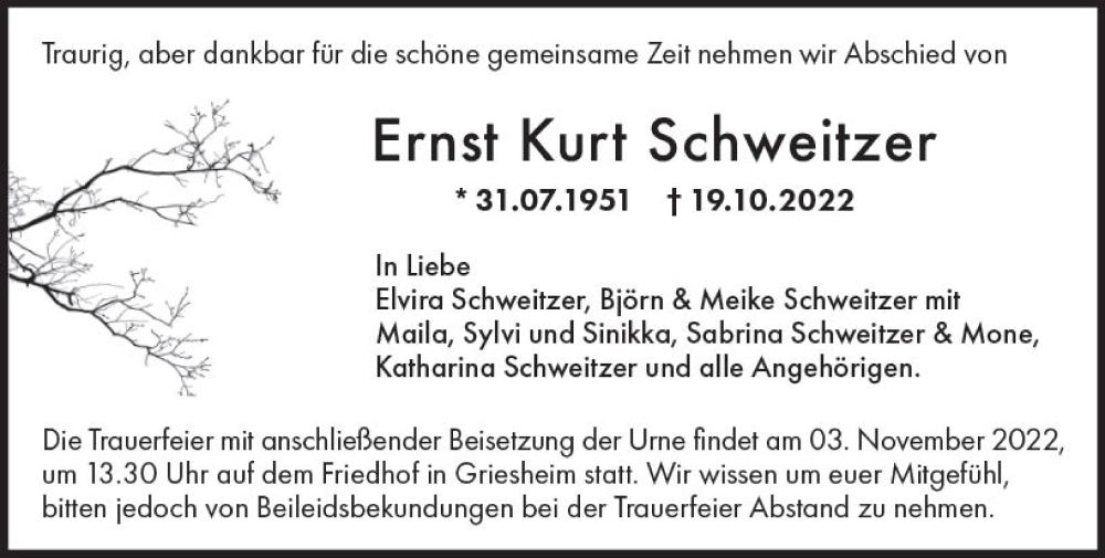  Traueranzeige für Ernst Kurt Schweitzer vom 29.10.2022 aus vrm-trauer Darmstädter Echo