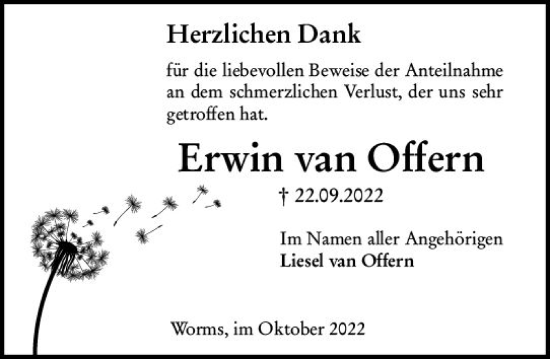 Traueranzeige von Erwin van Offern von vrm-trauer Wormser Zeitung