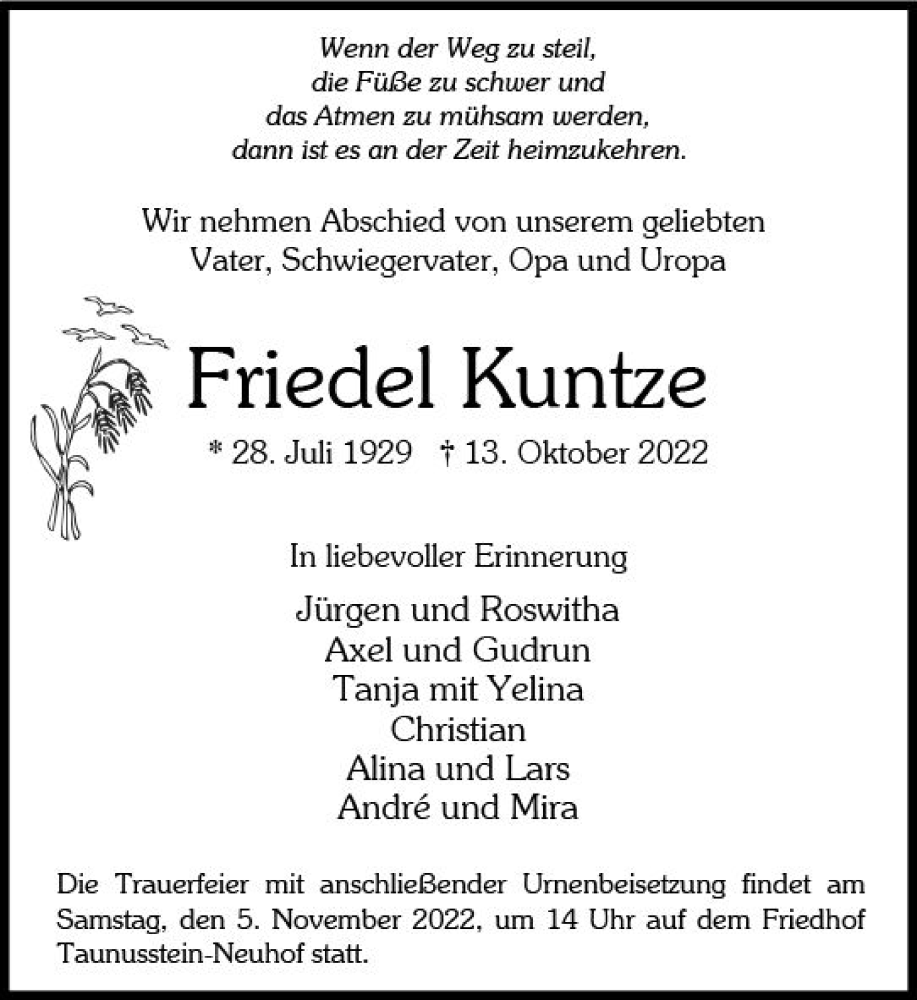  Traueranzeige für Friedel Kuntze vom 22.10.2022 aus vrm-trauer Wiesbadener Kurier