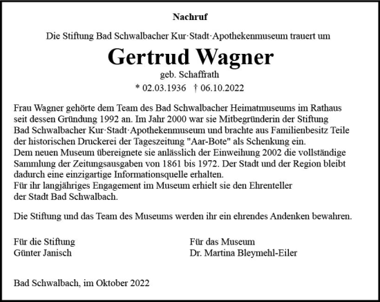 Traueranzeige von Gertrud Wagner von vrm-trauer WK-UTA