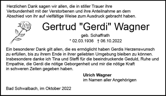 Traueranzeige von Gertrud Wagner von vrm-trauer Wiesbadener Kurier