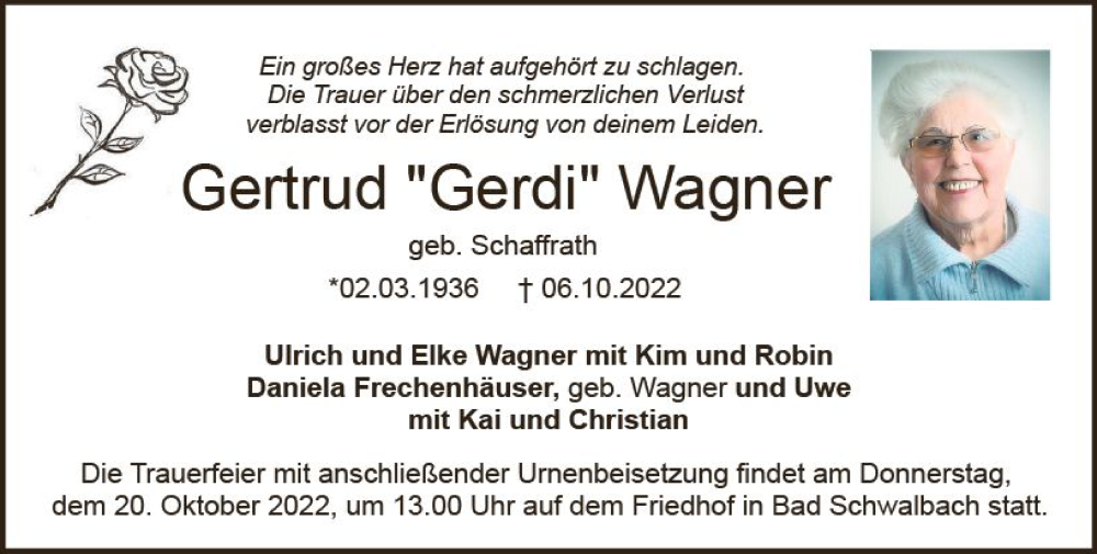  Traueranzeige für Gertrud Wagner vom 15.10.2022 aus vrm-trauer Wiesbadener Kurier