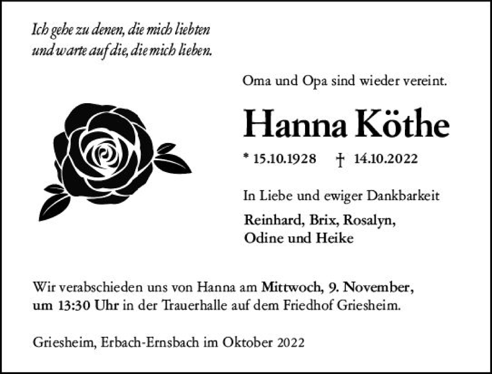  Traueranzeige für Hanna Köthe vom 29.10.2022 aus vrm-trauer Darmstädter Echo