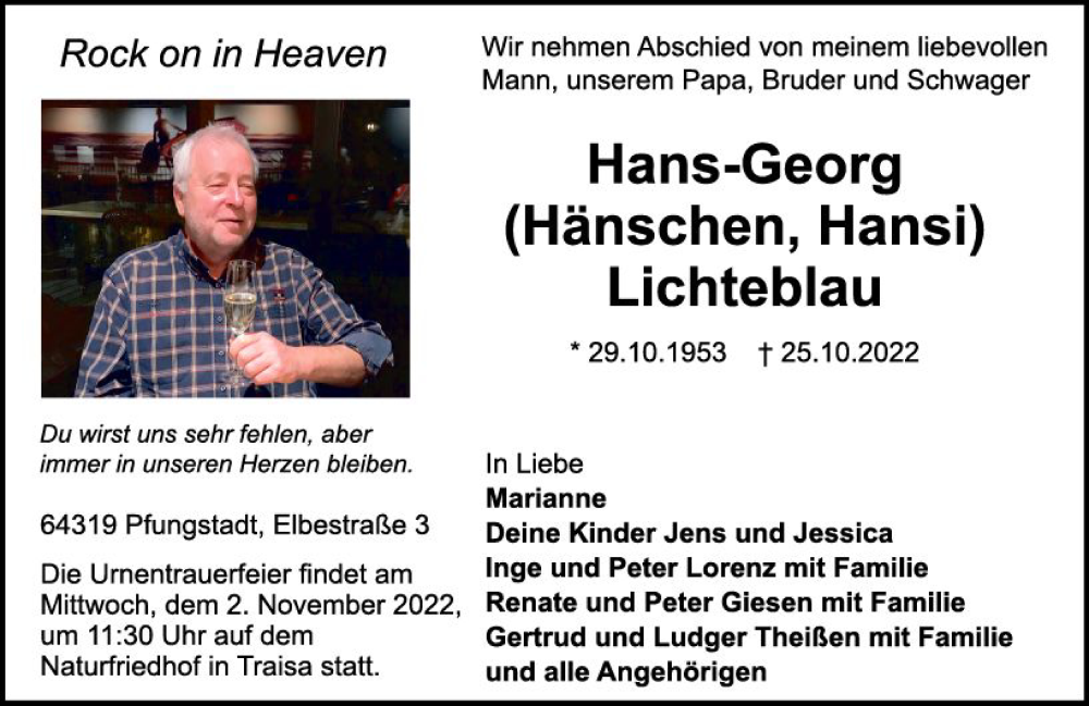  Traueranzeige für Hans-Georg Lichteblau vom 29.10.2022 aus vrm-trauer Darmstädter Echo
